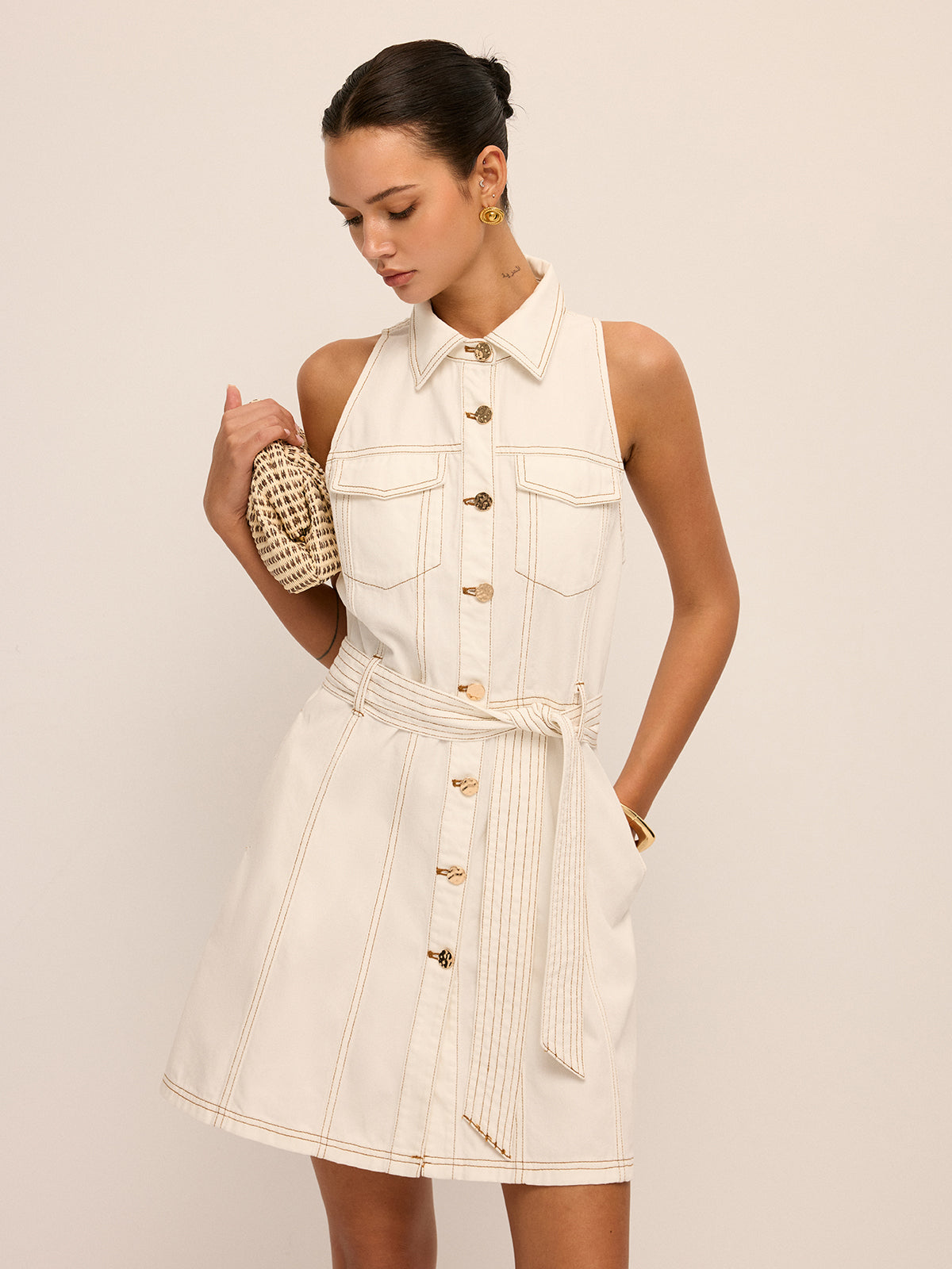 Sleeveless Belted Denim Shirt Dress for Women with Casual Style