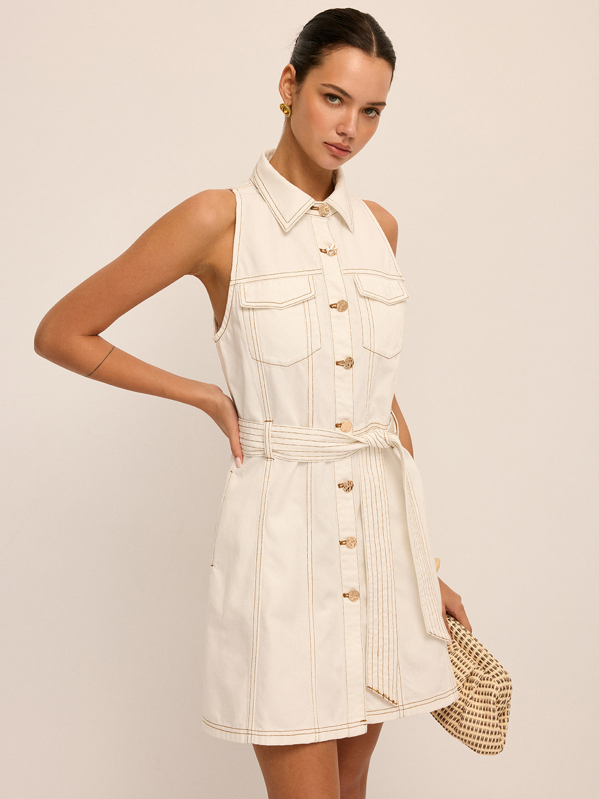 Sleeveless Belted Denim Shirt Dress for Women with Casual Style