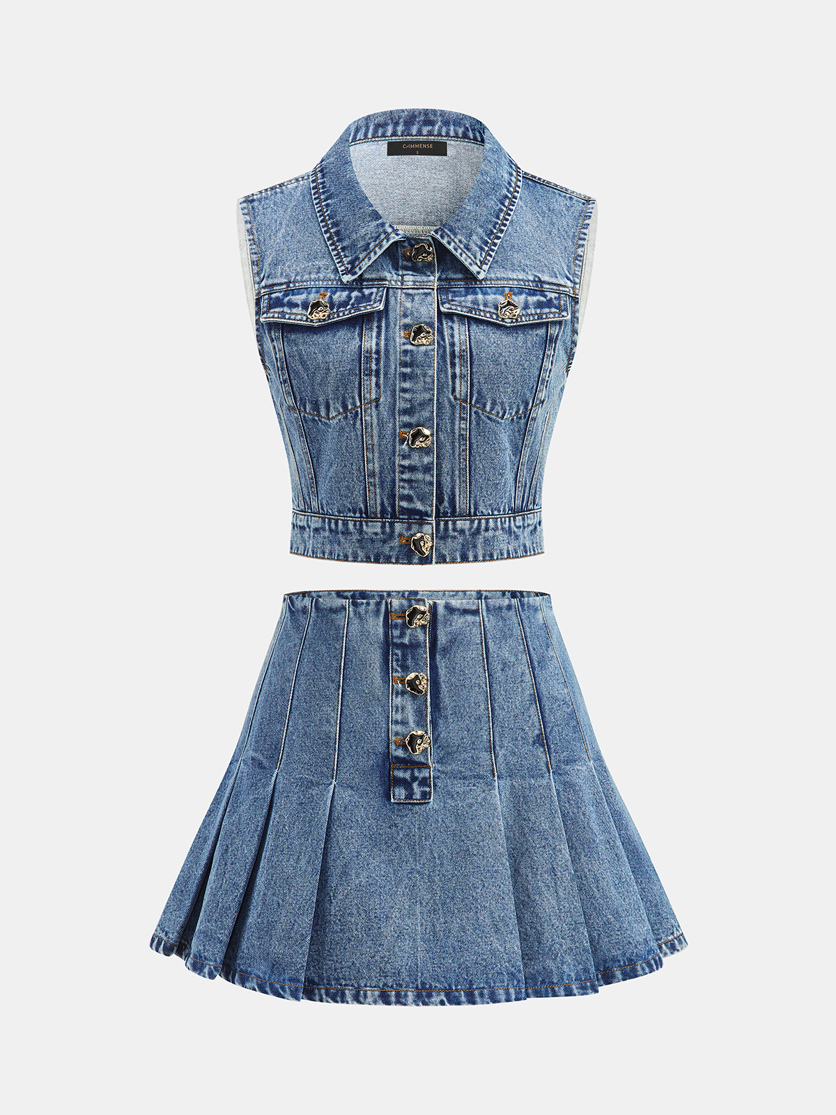 "Stylish Denim Crop Vest & Pleated Mini Skirt Set for Women"