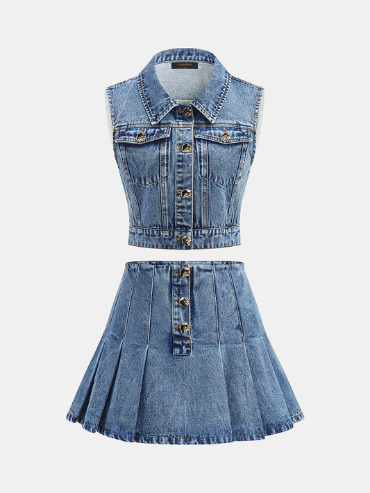 "Stylish Denim Crop Vest & Pleated Mini Skirt Set for Women"