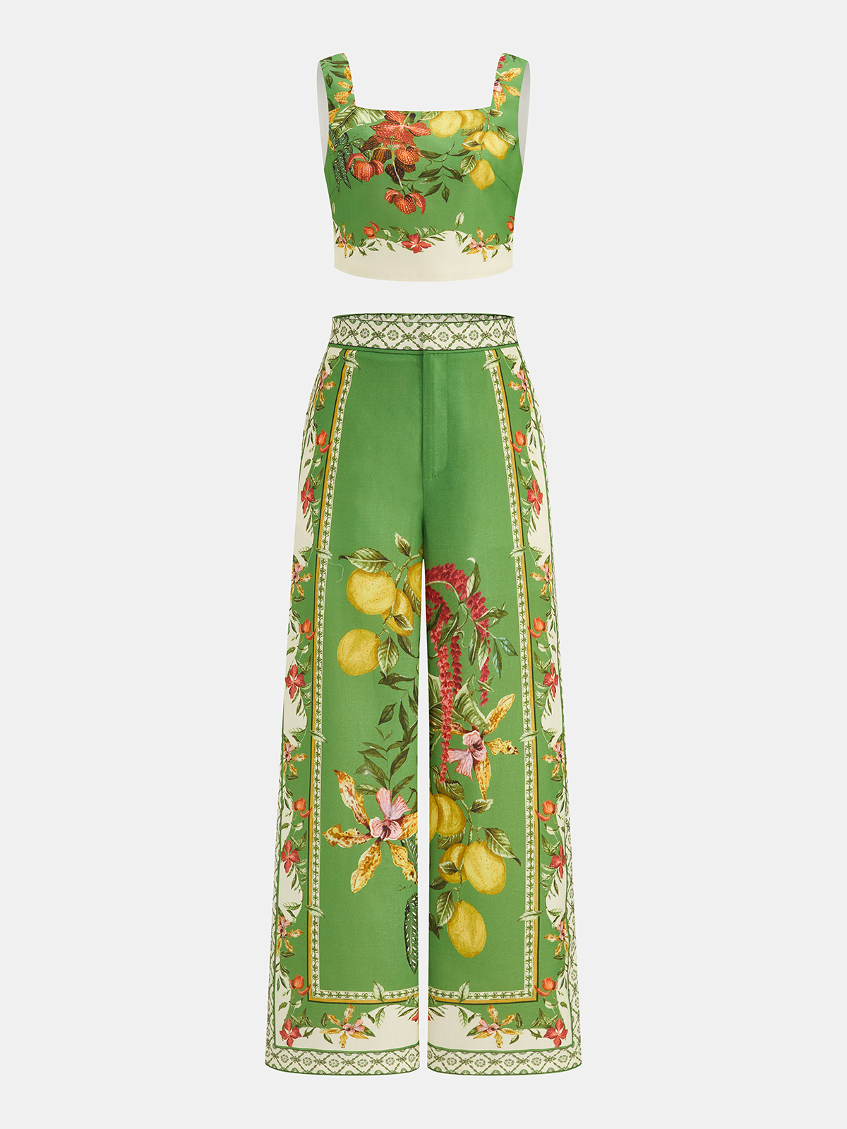 Fruit Floral Print Crop Cami Top & Pants Set for Women Spring/Summer Cotton