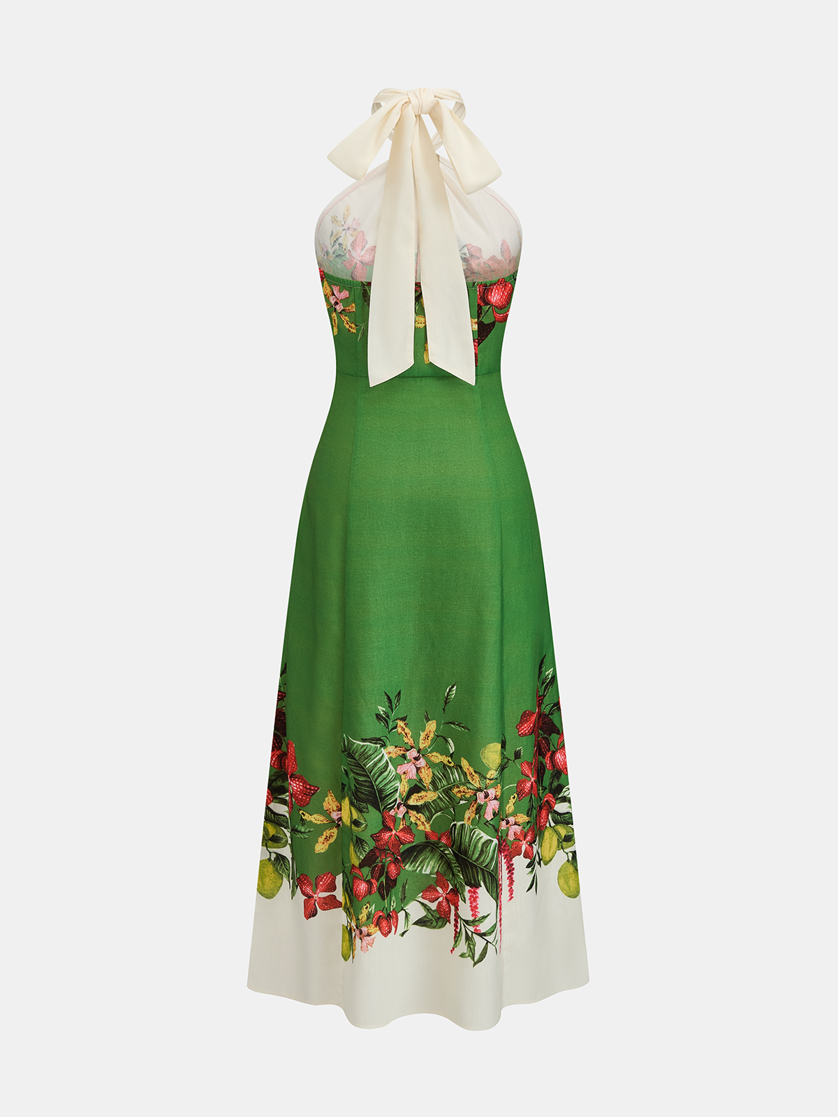 Tie Halter Fruit Floral Print Midi Dress with Side Slits and Ruffle Detail