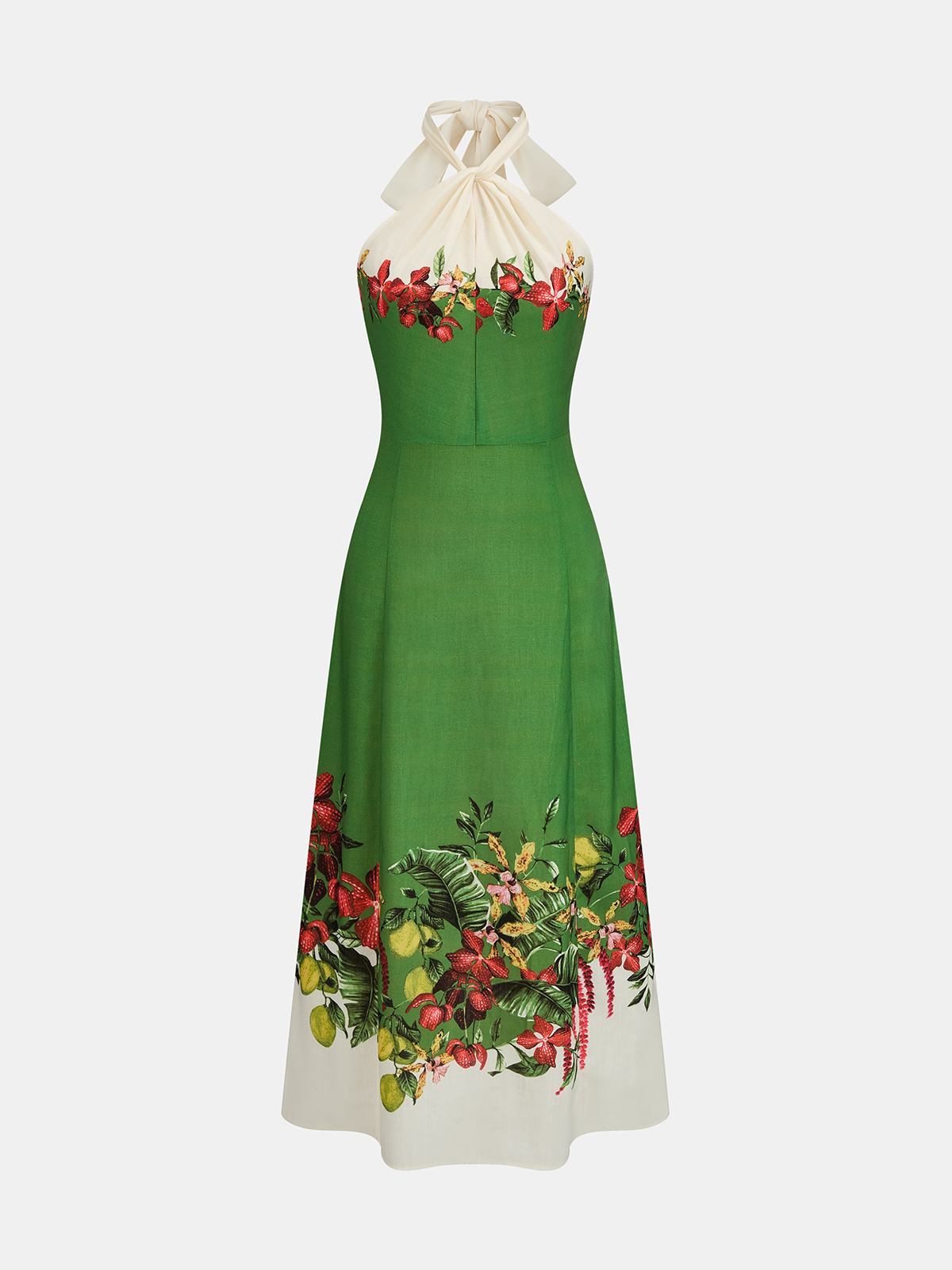 Tie Halter Fruit Floral Print Midi Dress with Side Slits and Ruffle Detail