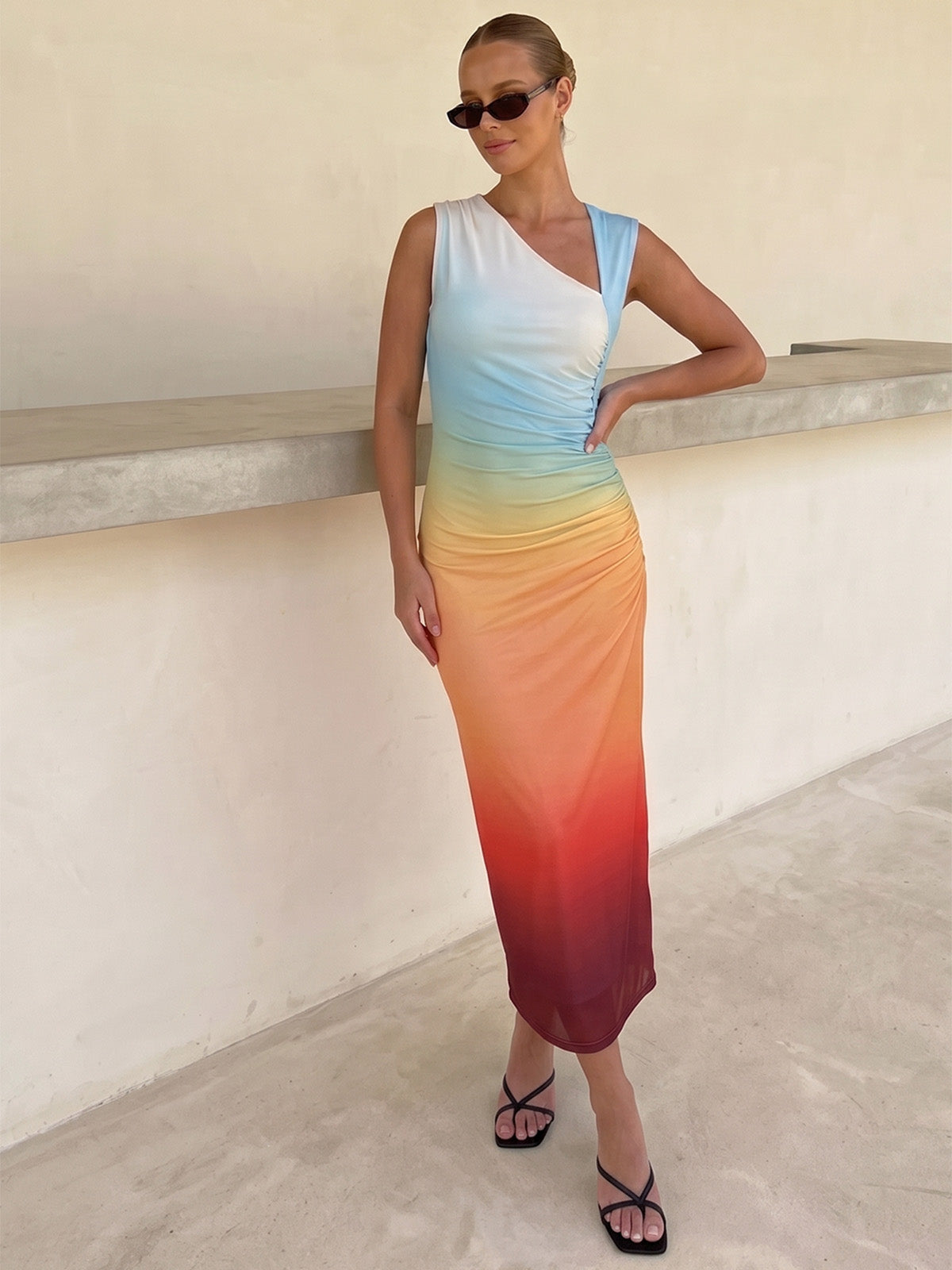 Asymmetric Neckline Sunset Gradient Mesh Midi Dress Women's Elegant Eveningwear