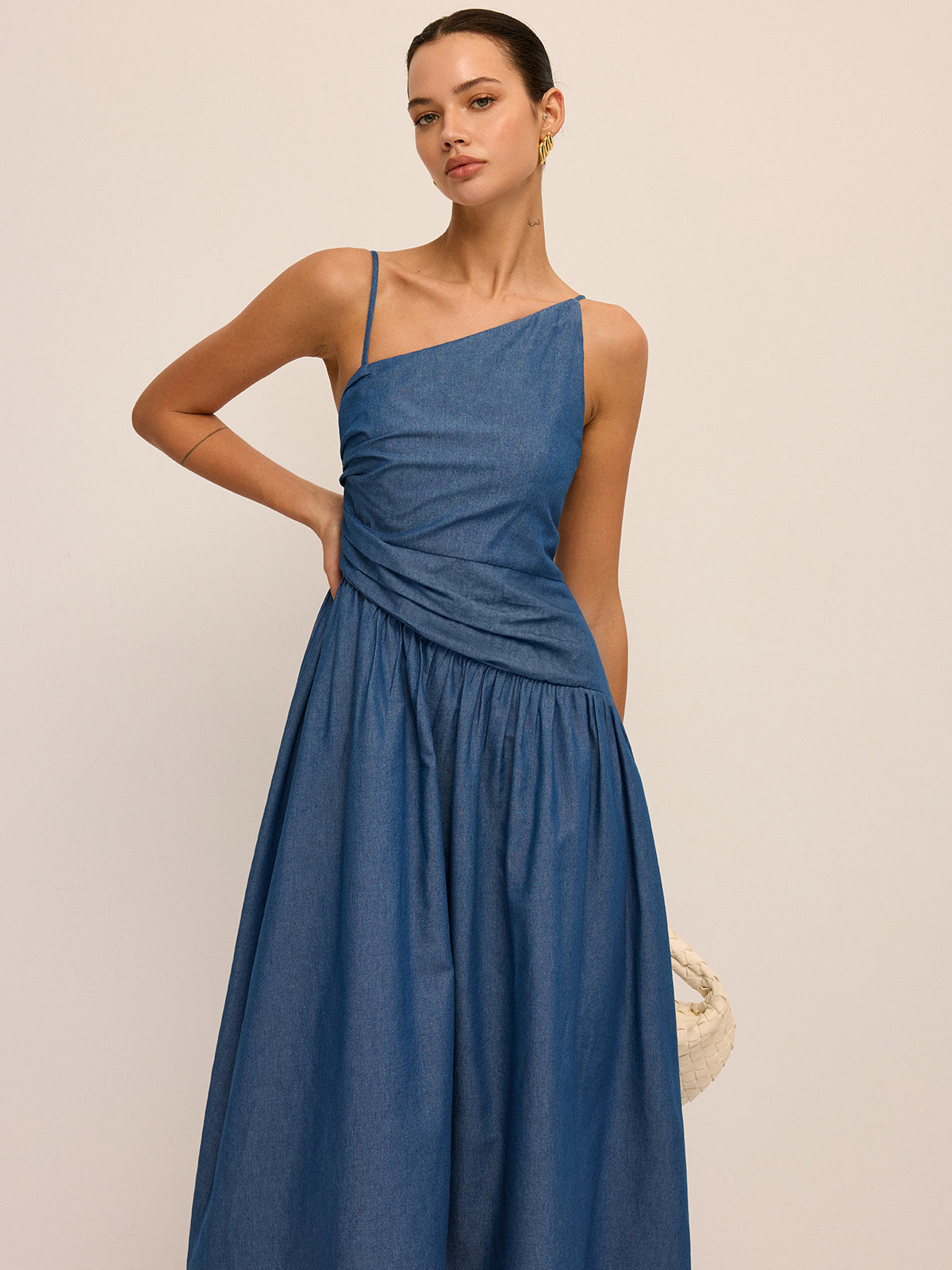 Faux Denim Asymmetrical Cami Maxi Dress Trendy Summer Fashion Women
