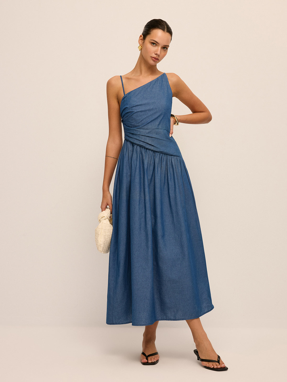 Faux Denim Asymmetrical Cami Maxi Dress Trendy Summer Fashion Women