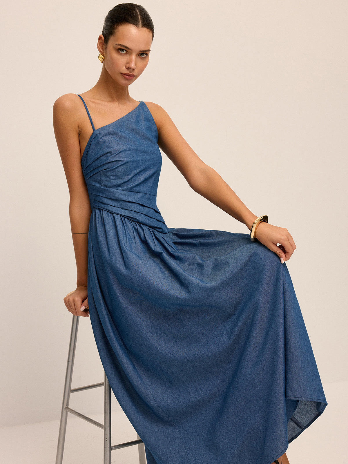 Faux Denim Asymmetrical Cami Maxi Dress Trendy Summer Fashion Women