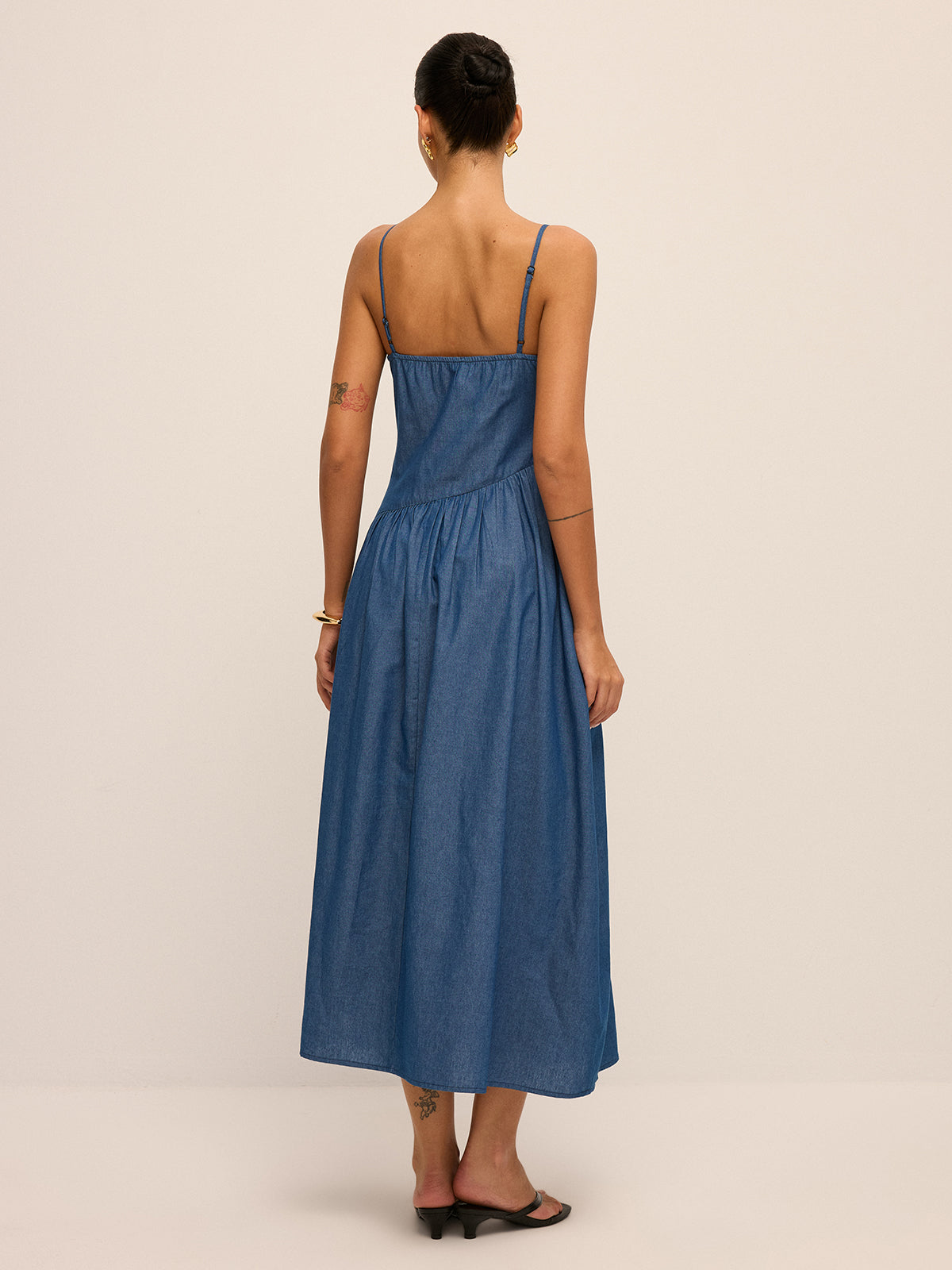 Faux Denim Asymmetrical Cami Maxi Dress Trendy Summer Fashion Women