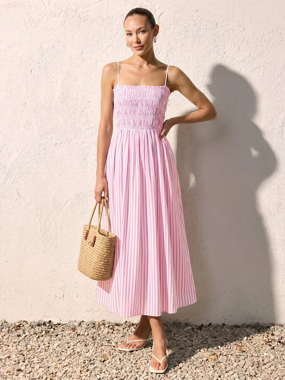 Smocked Striped Cami Maxi Dress for Women Summer Casual
