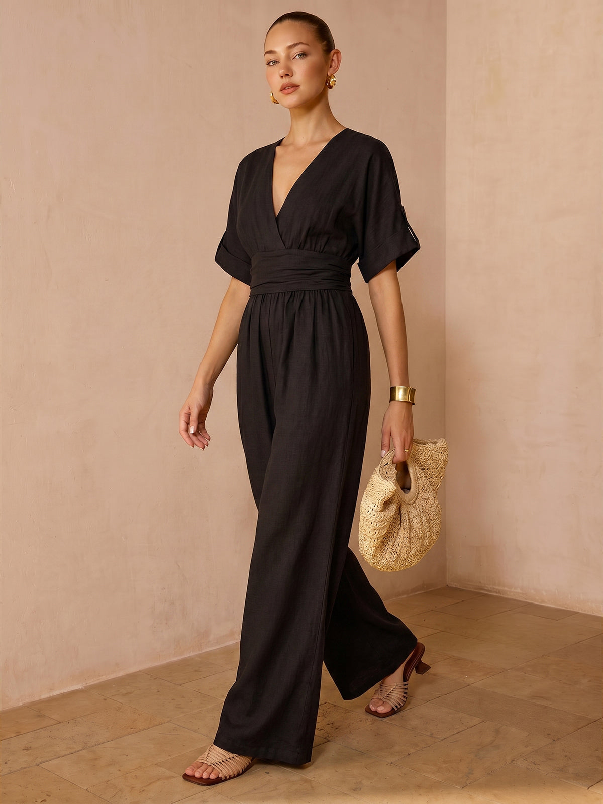 Tencel Blend Ruched Waist Wide Leg Jumpsuit for Women, Eco-Friendly Comfort Fit