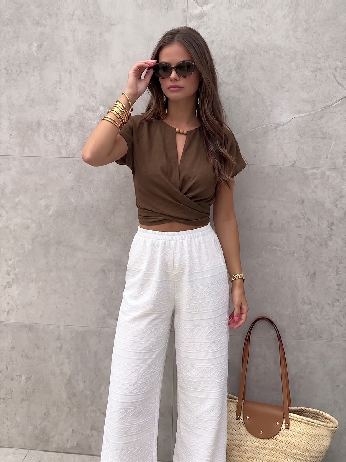 Tie-Back Wrap Crop Short Sleeve Blouse for Women Summer Casual