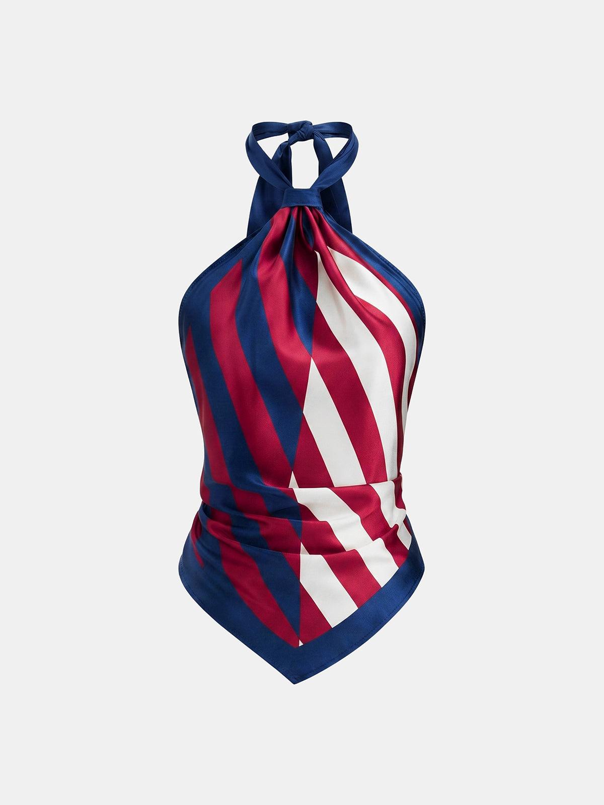 Geometric-stripe satin halter top with asymmetric hem, scarf-style cut, and adjustable neck tie.