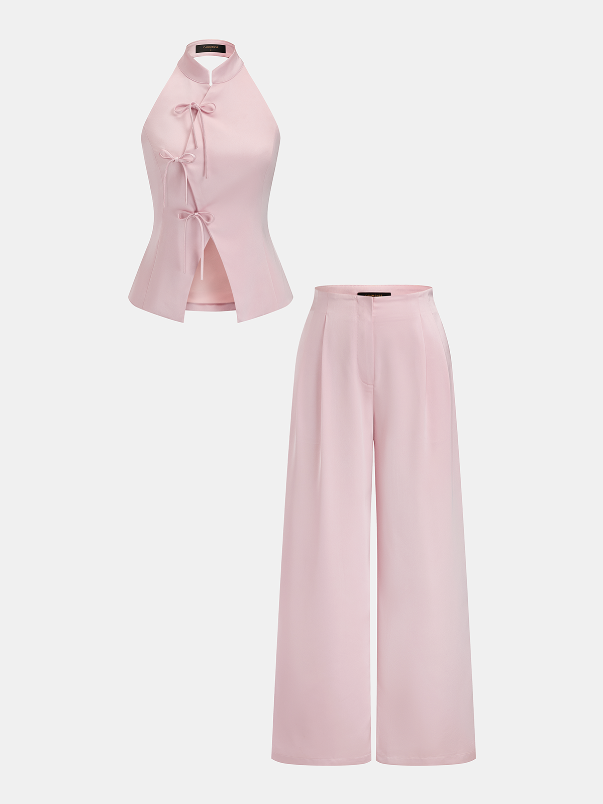 Mandarin Collar Two-Piece Pants Set with Front Tie Closure