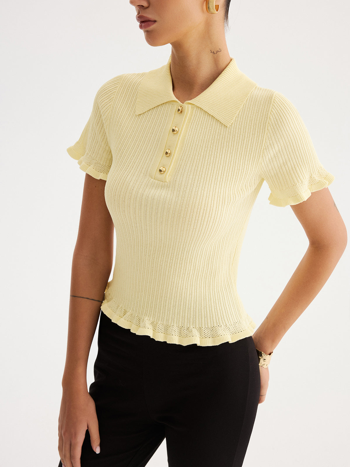 Ruffled Collared Ribbed Knit Top Women’s Elegant Layering