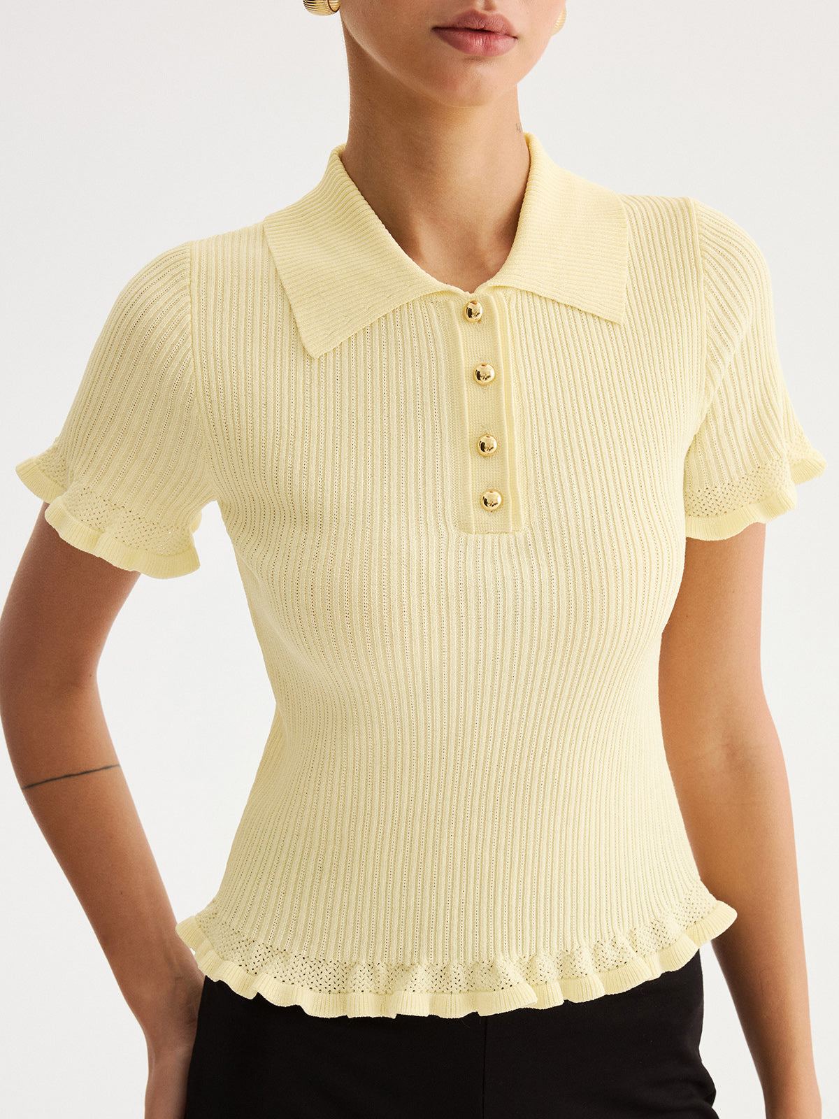 Ruffled Collared Ribbed Knit Top Women’s Elegant Layering