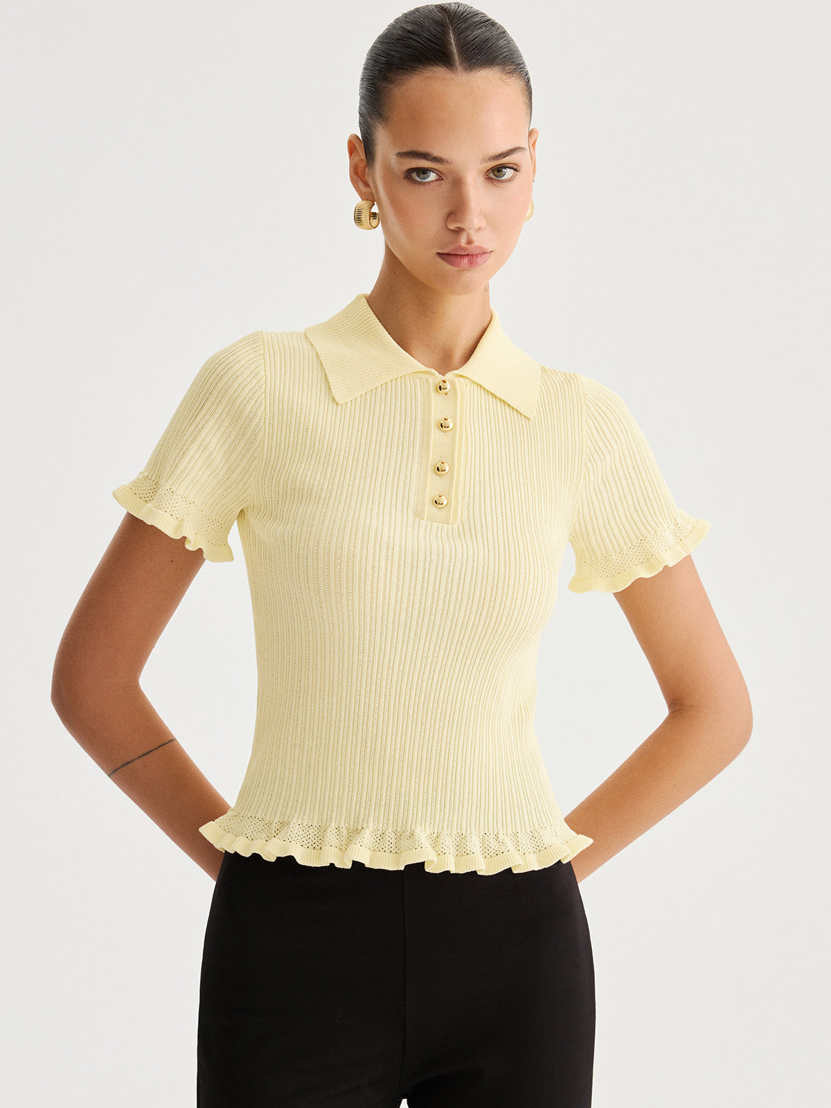 Ruffled Collared Ribbed Knit Top Women’s Elegant Layering