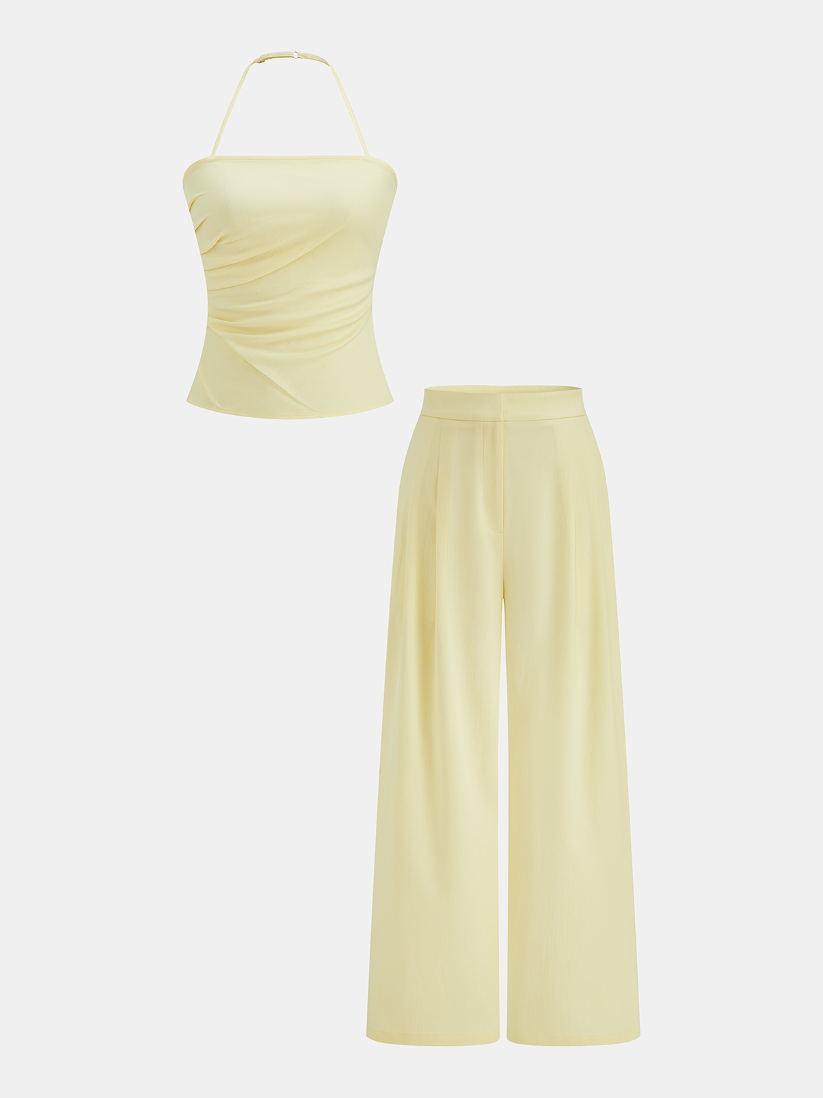 Ruched Halter Top & Wide Leg Pants Set, Elegant Evening Wear Ensemble