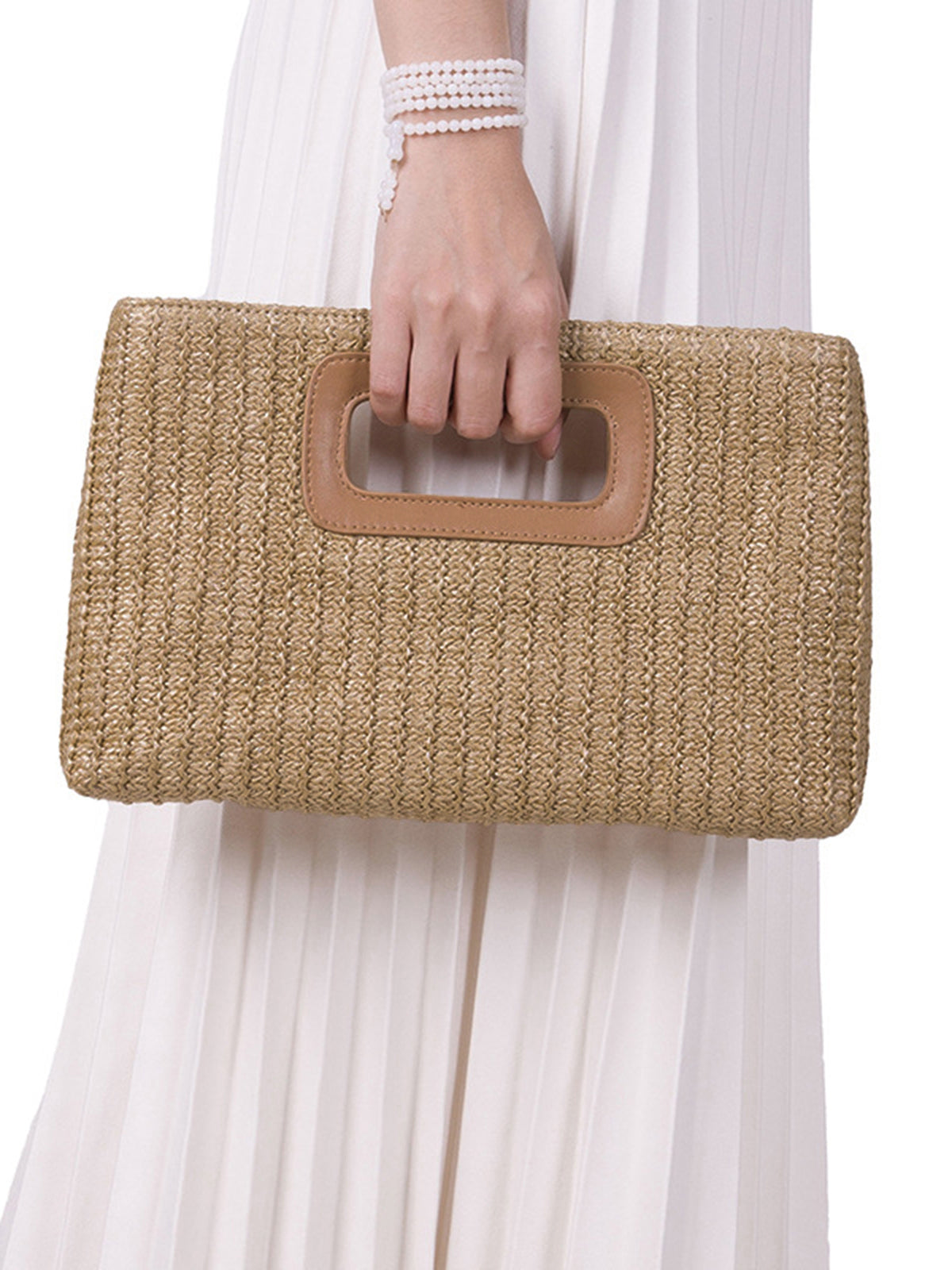 Straw Woven Cutout Handle Clutch Bag for Women, Summer Beach Style