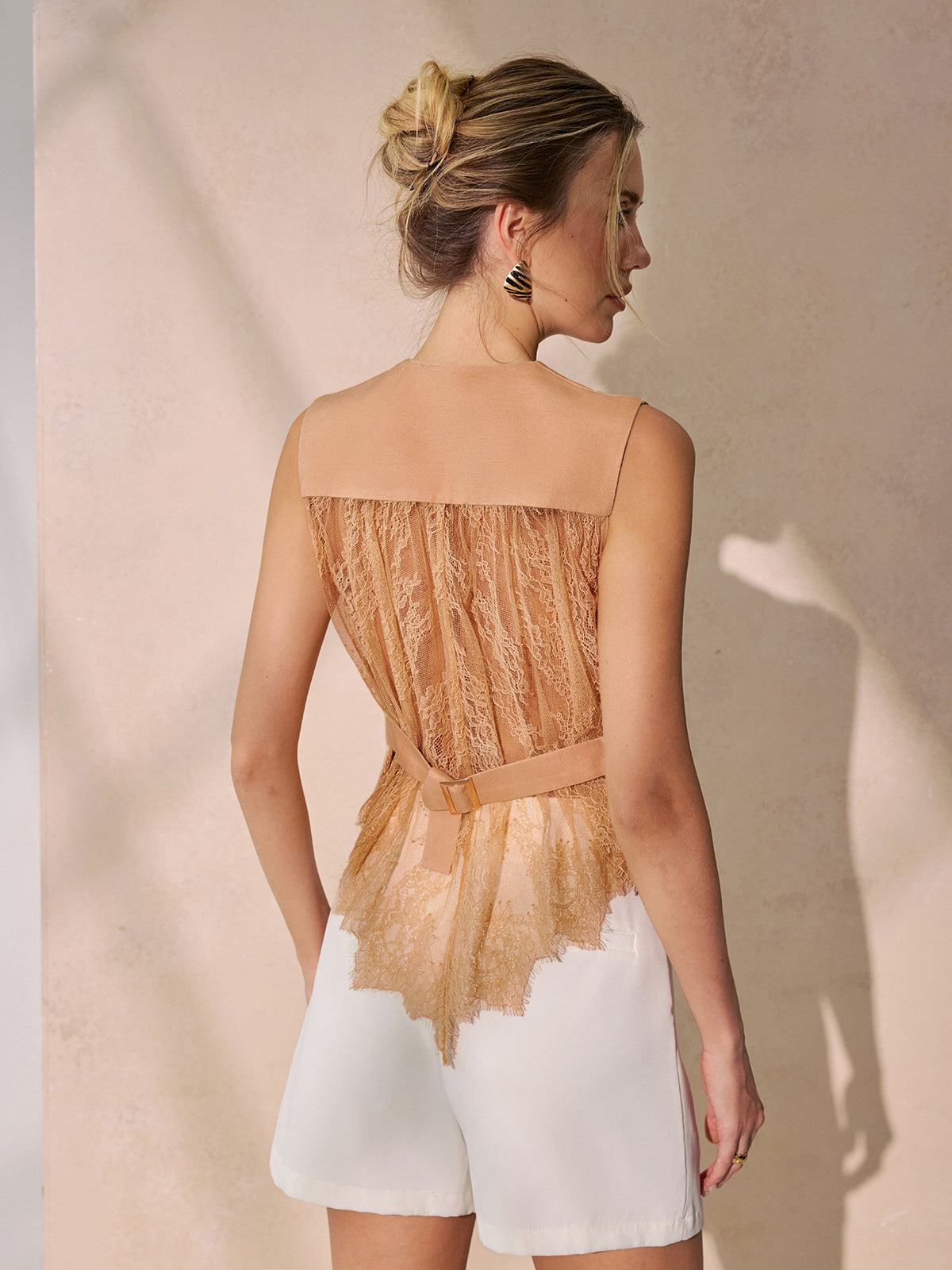 Lace Back Tie-Waist Linen Blend Vest with Adjustable Straps