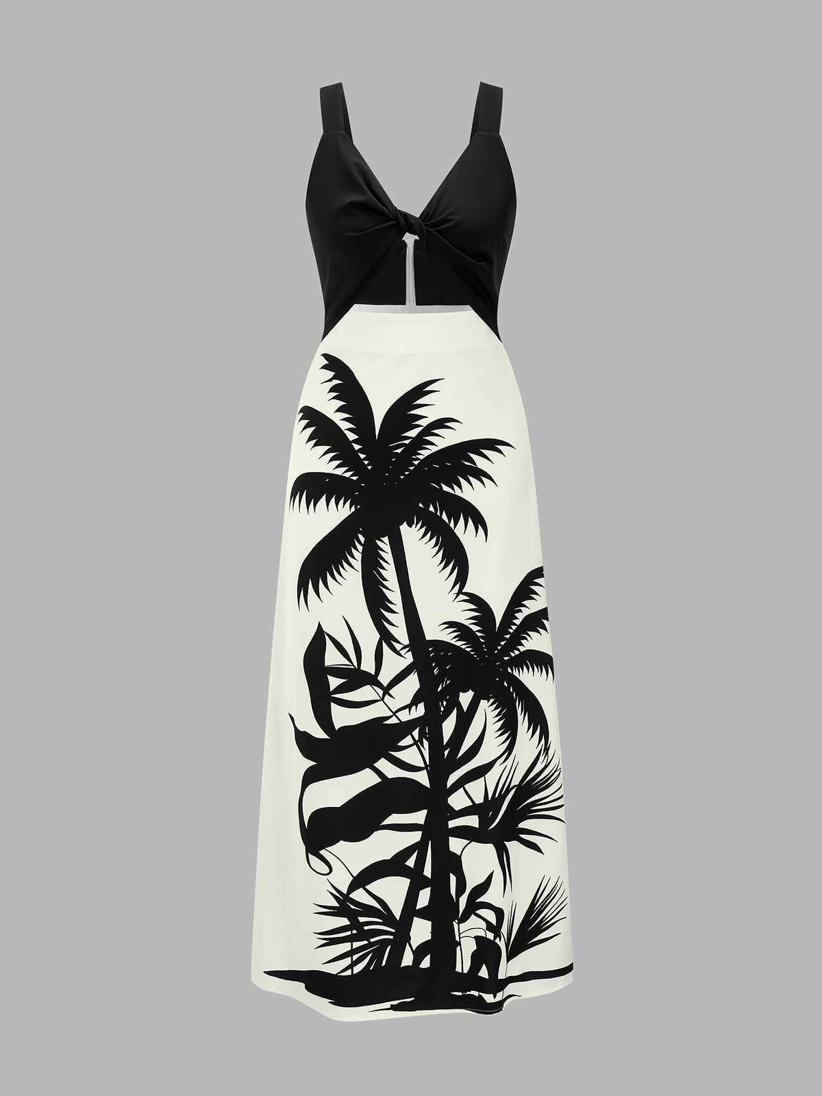 Cut-Out Palm Print Maxi Dress with Side Slits and Ties