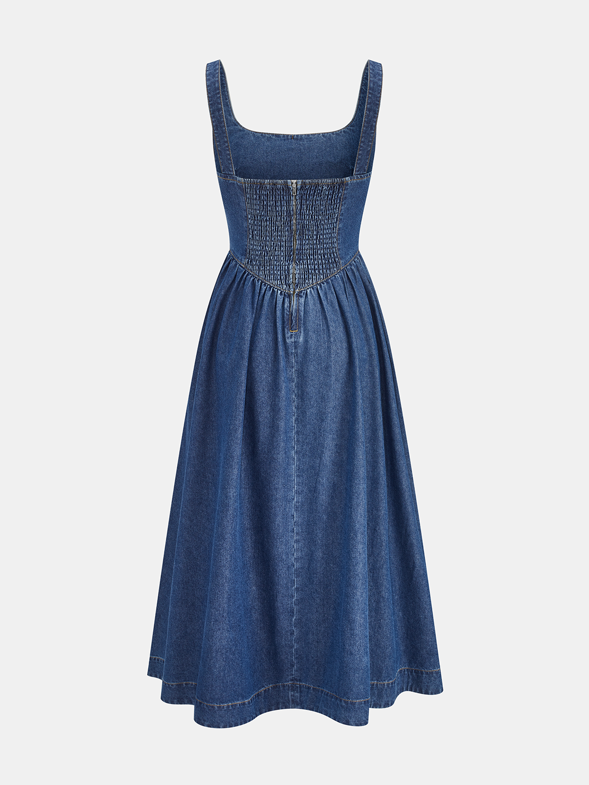 Denim Square Neck Tie Front Midi Dress with Puff Sleeves and Button Detail