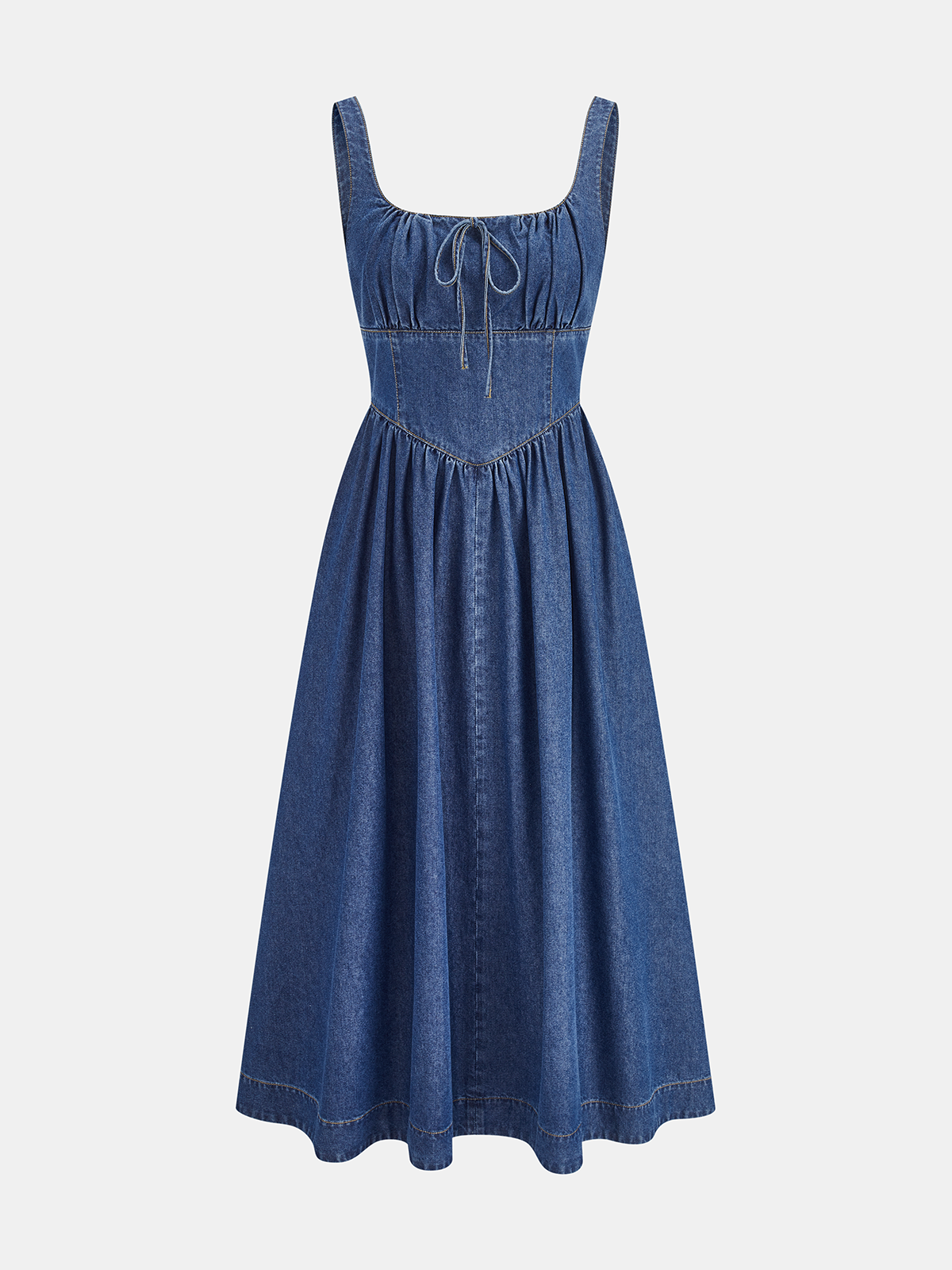 Denim Square Neck Tie Front Midi Dress with Puff Sleeves and Button Detail