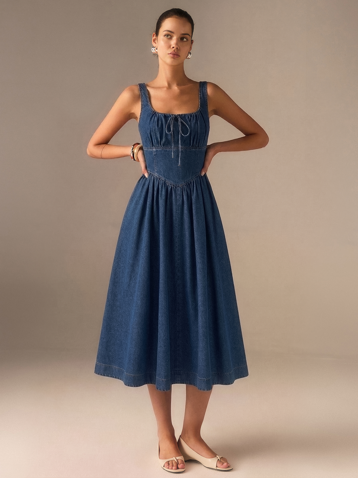 Denim Square Neck Tie Front Midi Dress with Puff Sleeves and Button Detail