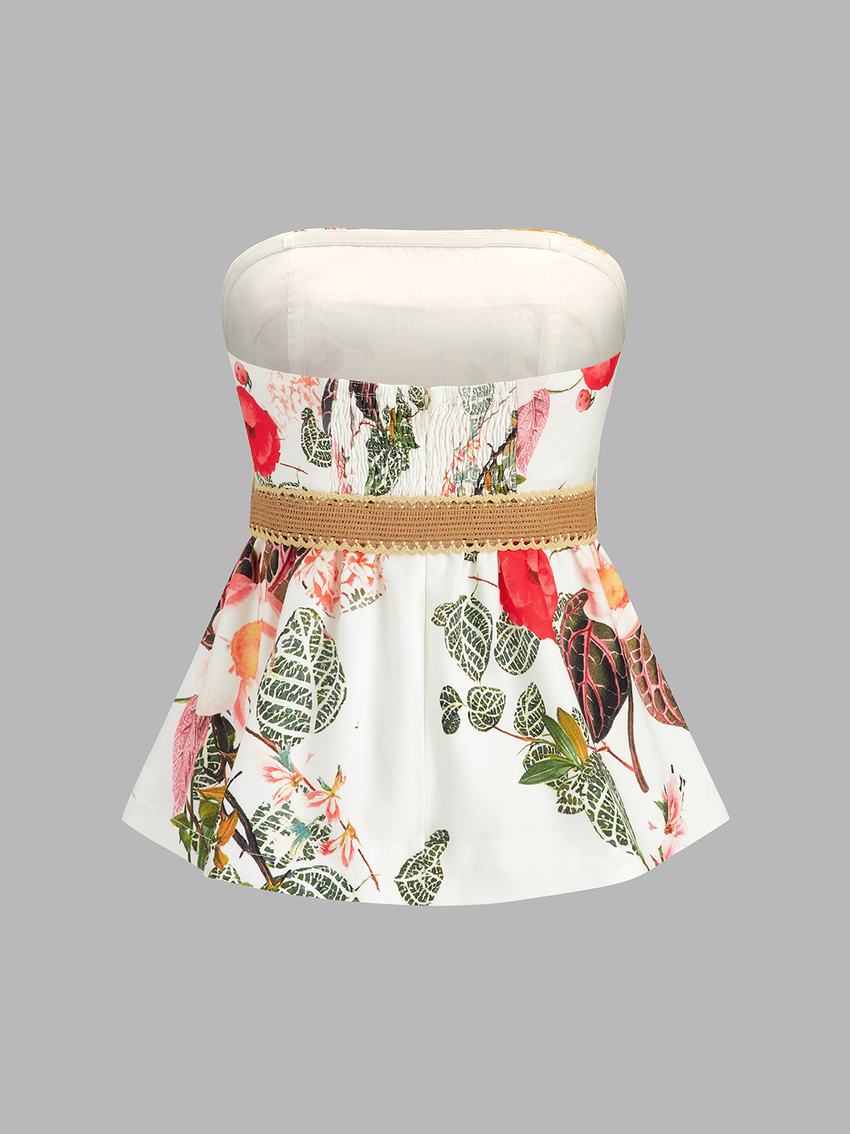 Floral Print Belted Strapless Top & Shorts Set for Summer Beachwear