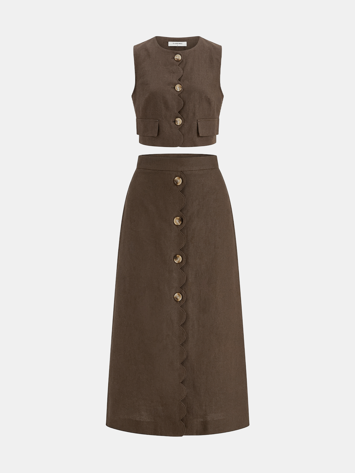 Cotton Linen Scallop Trim Vest & Skirt Set for Women Casual Summer