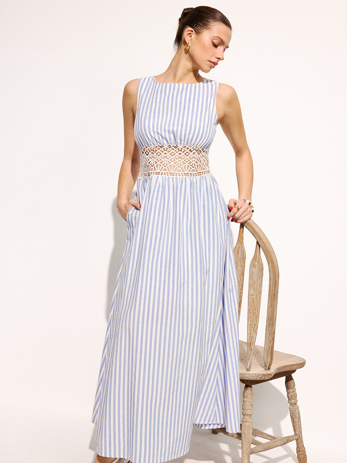 Striped Sleeveless Lace Waist Maxi Dress with Flowy Skirt Detail