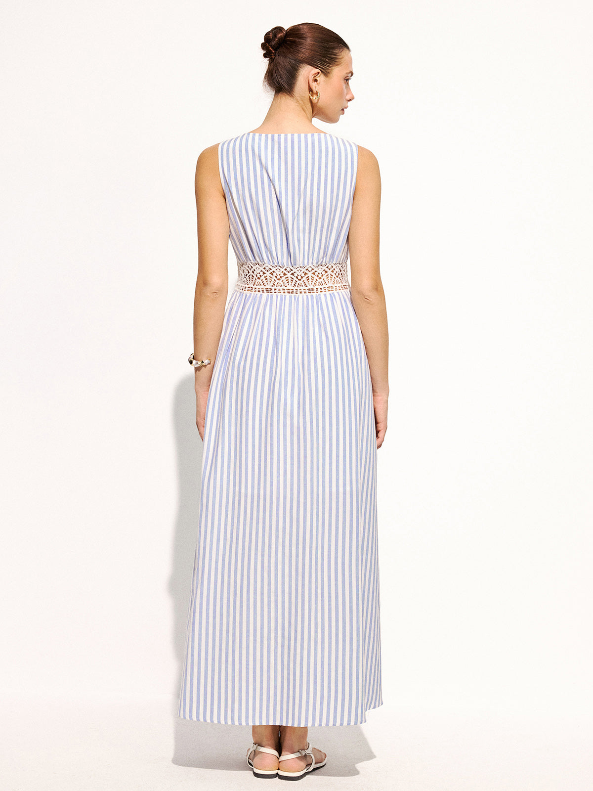 Striped Sleeveless Lace Waist Maxi Dress with Flowy Skirt Detail