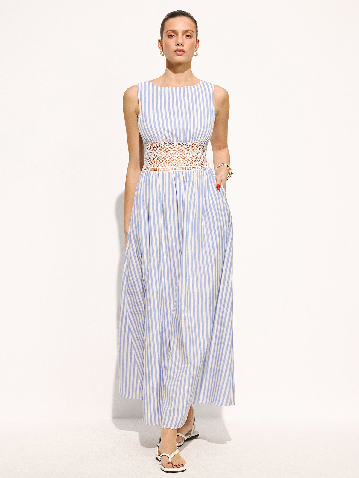 Striped Sleeveless Lace Waist Maxi Dress with Flowy Skirt Detail