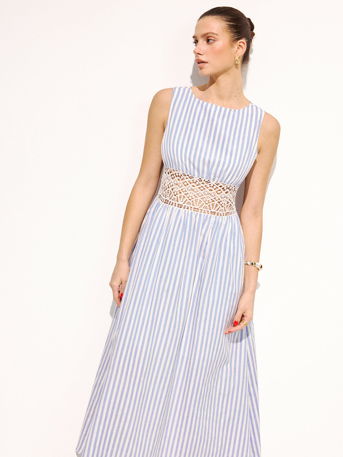 Striped Sleeveless Lace Waist Maxi Dress with Flowy Skirt Detail