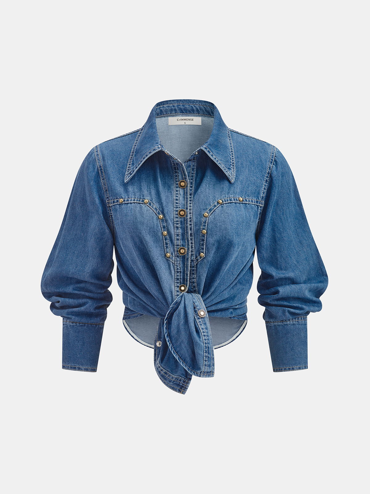 Knot-Front Studded Denim Shirt with Long Sleeves and Buttoned Cuffs