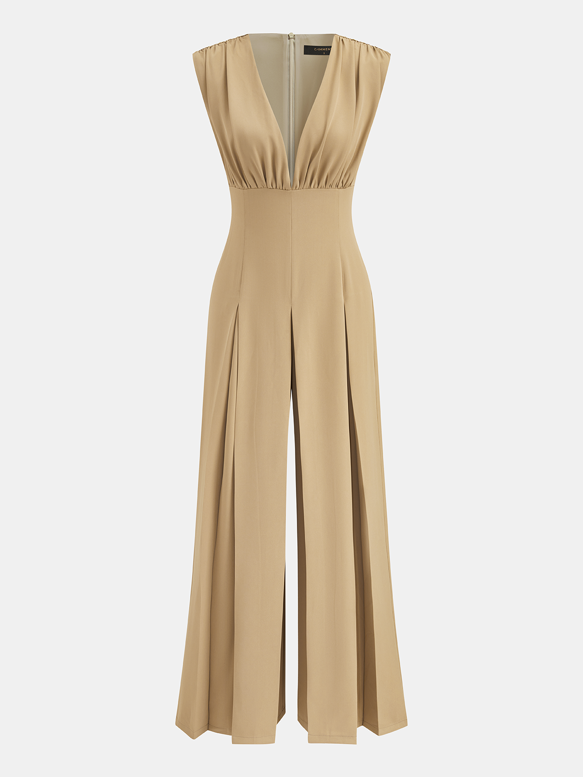 Deep V Neck Pleated Wide Leg Jumpsuit with Belt for Women