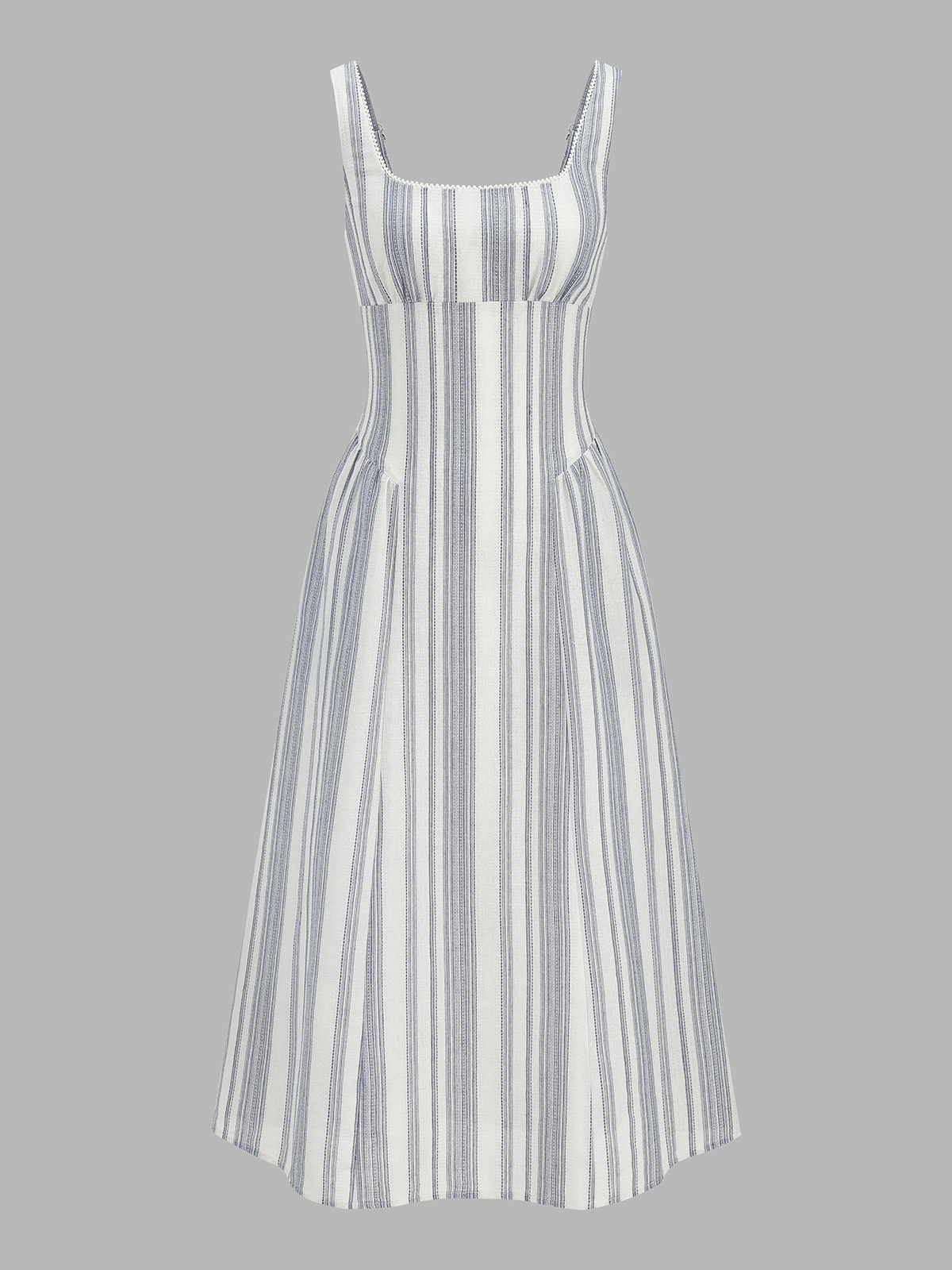Lace Trim Square Neck Striped Midi Dress Women Summer Casual Fashion