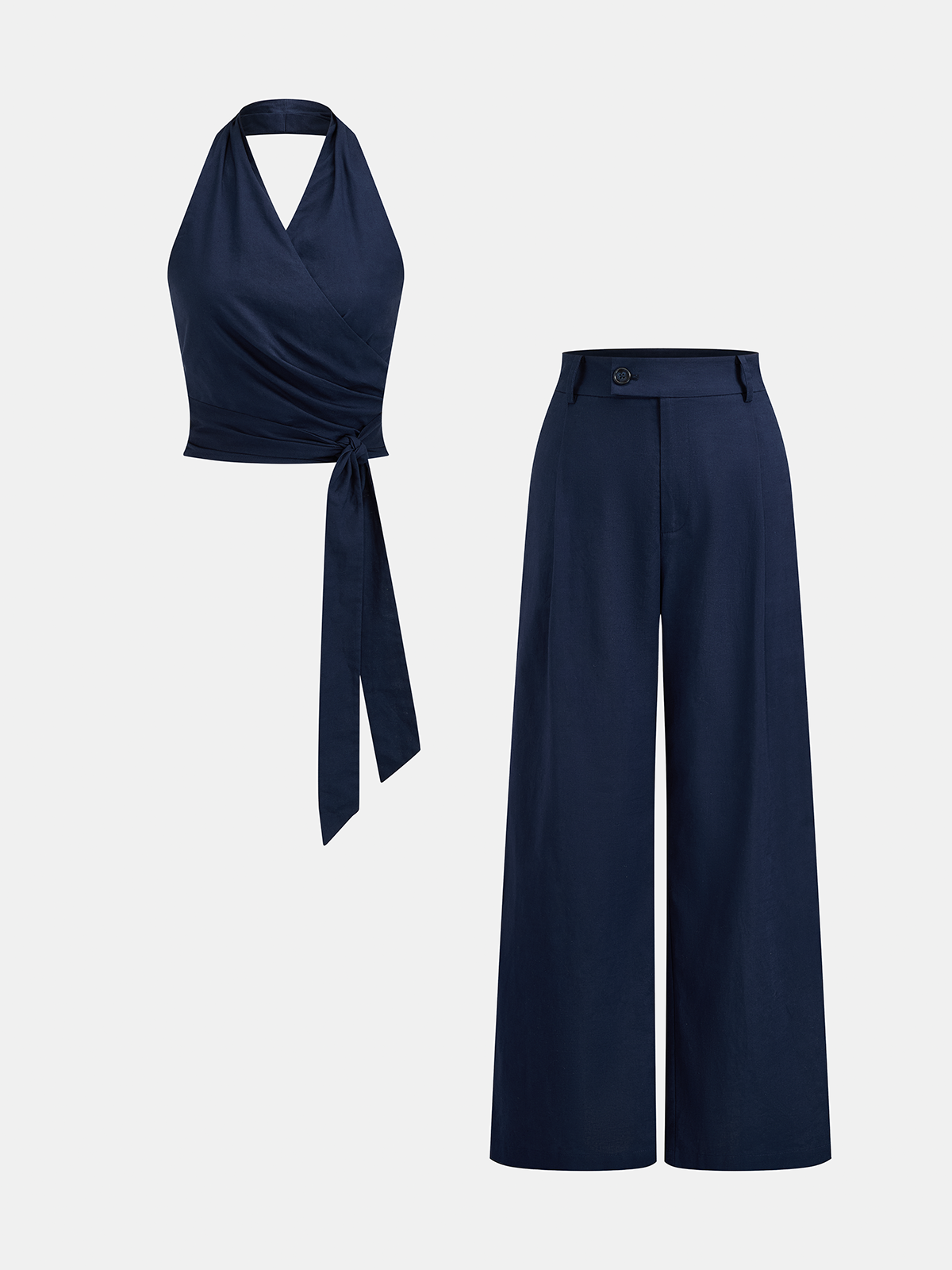 Cotton Linen Halter Wrap Top & Pants Set Casual Summer Outfit