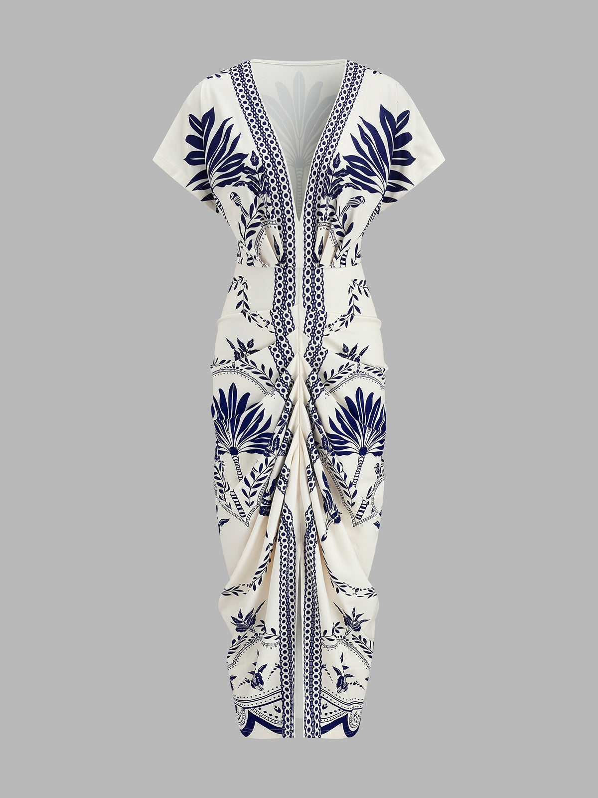 Palm Leaf Print Deep V Neck Flowy Summer Maxi Dress