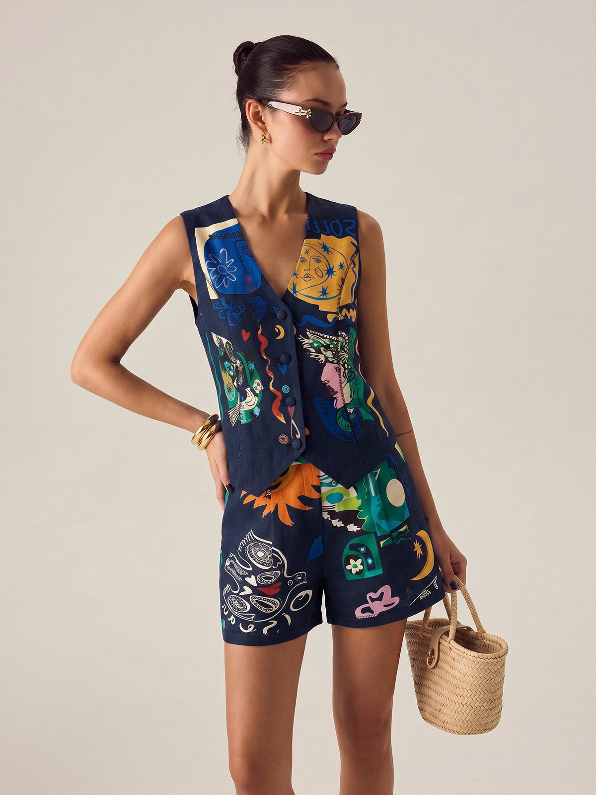 Abstract Art Print Vest & Shorts Set - Trendy Summer Casual Outfit