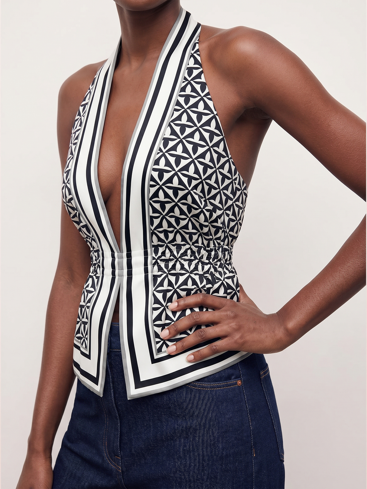 Geometric Print Cinched Waist Satin Top - Women's Fashion Blouse