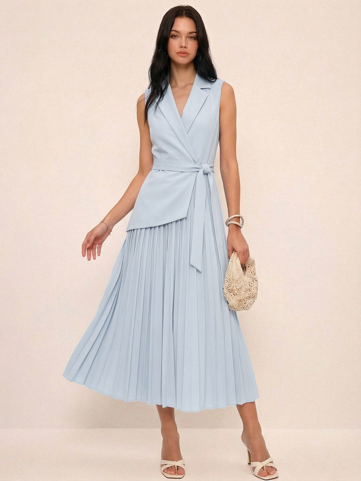 Sleeveless Belted Pleated Blazer Dress for Women, Elegant Workwear