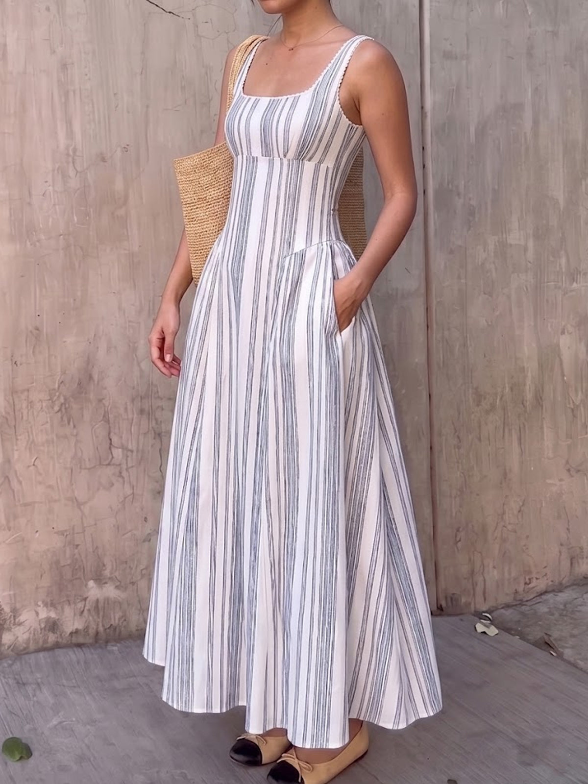Lace Trim Square Neck Striped Midi Dress Women Summer Casual Fashion