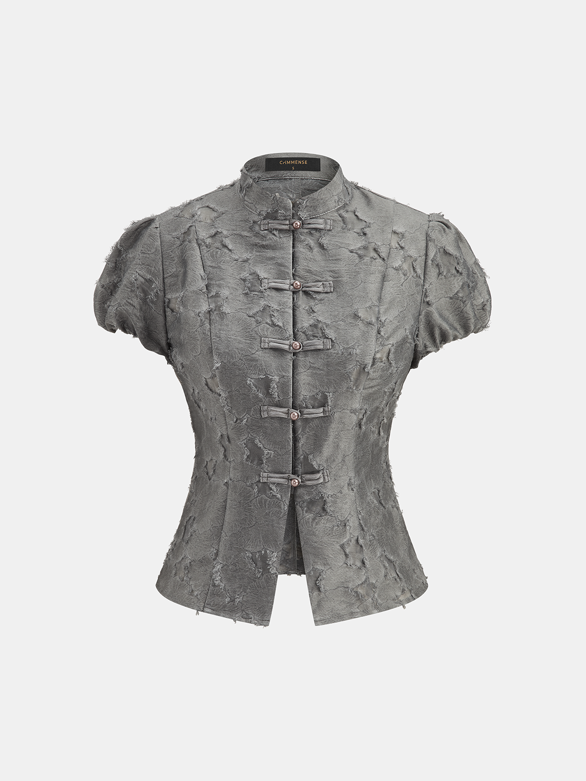 Frog Button Mandarin Collar Textured Blouse for Women Floral Detail