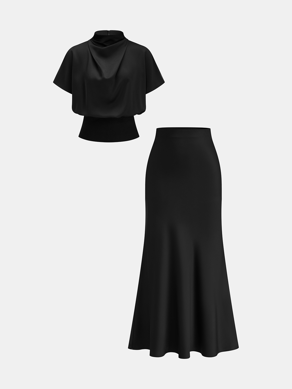 Satin Cowl Neck Blouse & Elegant Mermaid Skirt Evening Set