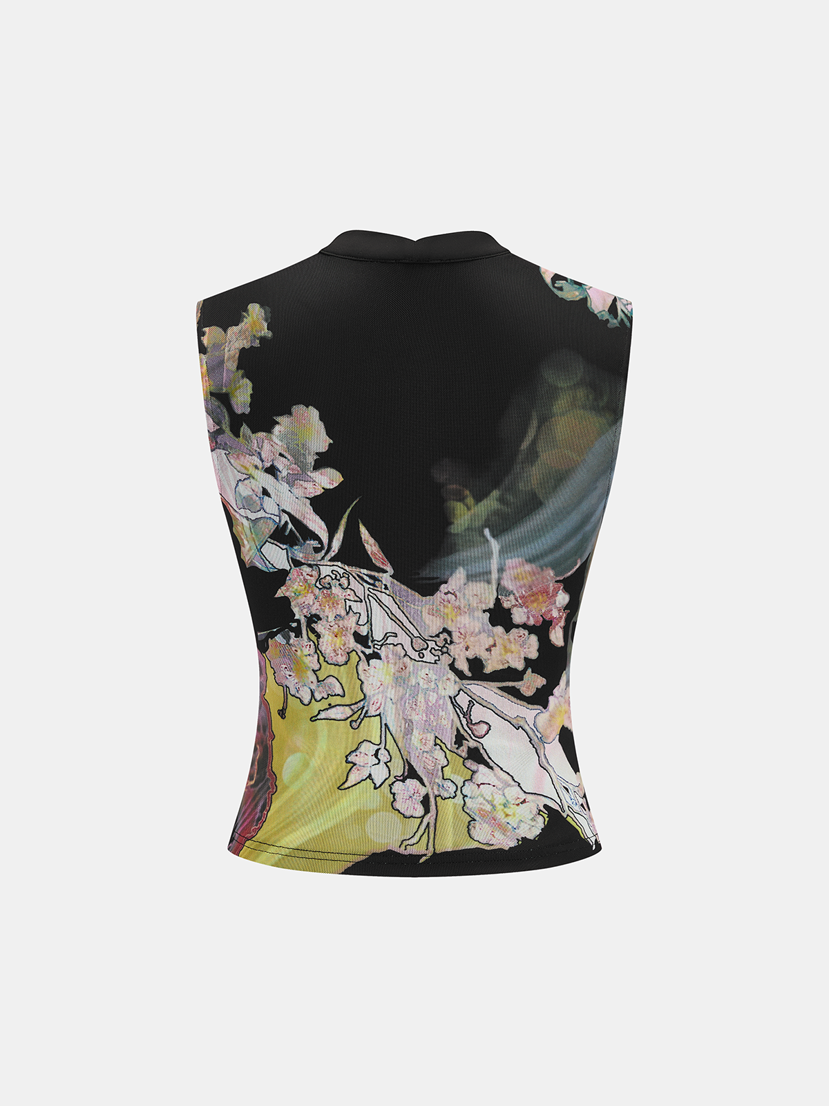 Keyhole Metal Buckle Floral Print Mesh Top with Ruffle Detail