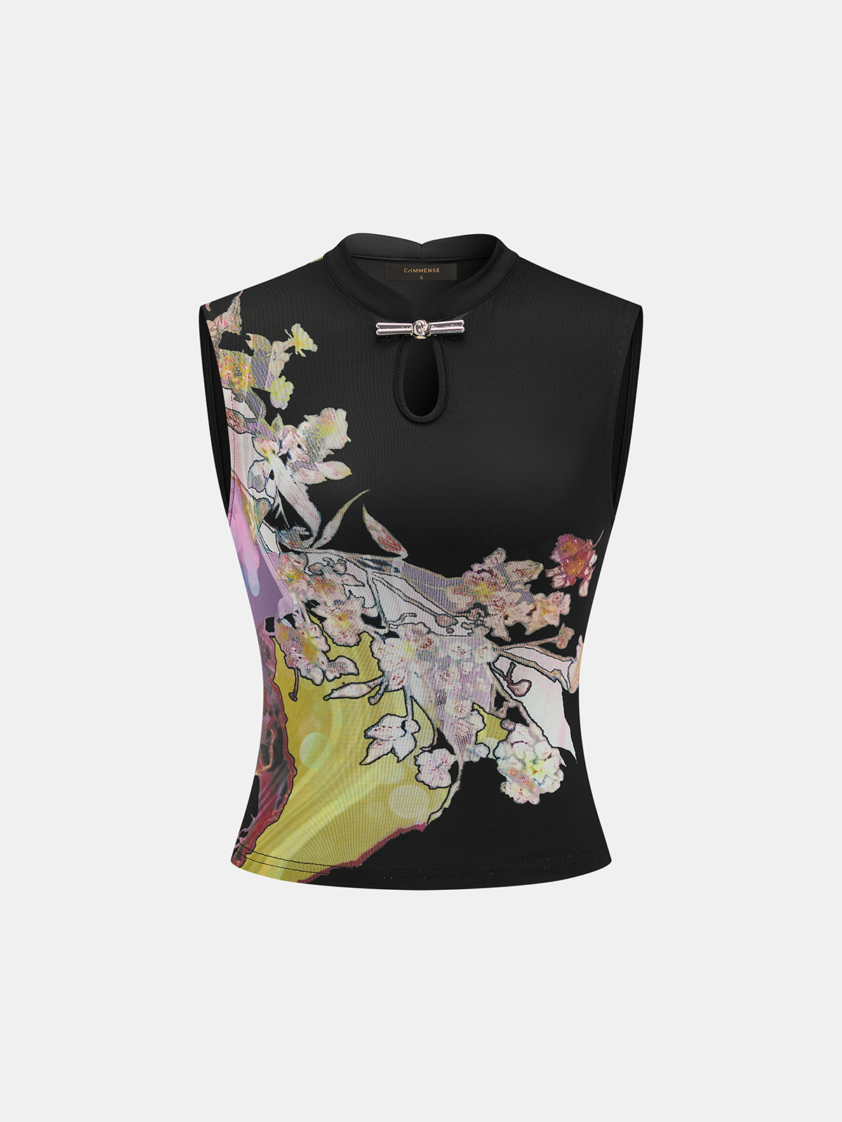 Keyhole Metal Buckle Floral Print Mesh Top with Ruffle Detail