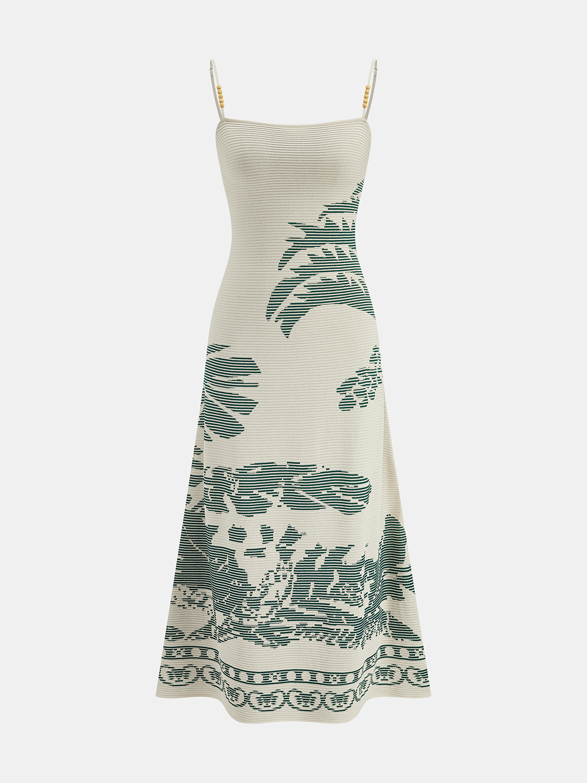 Bead Strap Palm Jacquard Knit Midi Dress Elegant Summer Wear