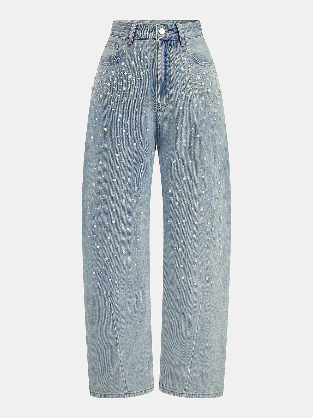 Pearl Rhinestone Embellished Curved Leg Jeans for Women High-Waisted Casual