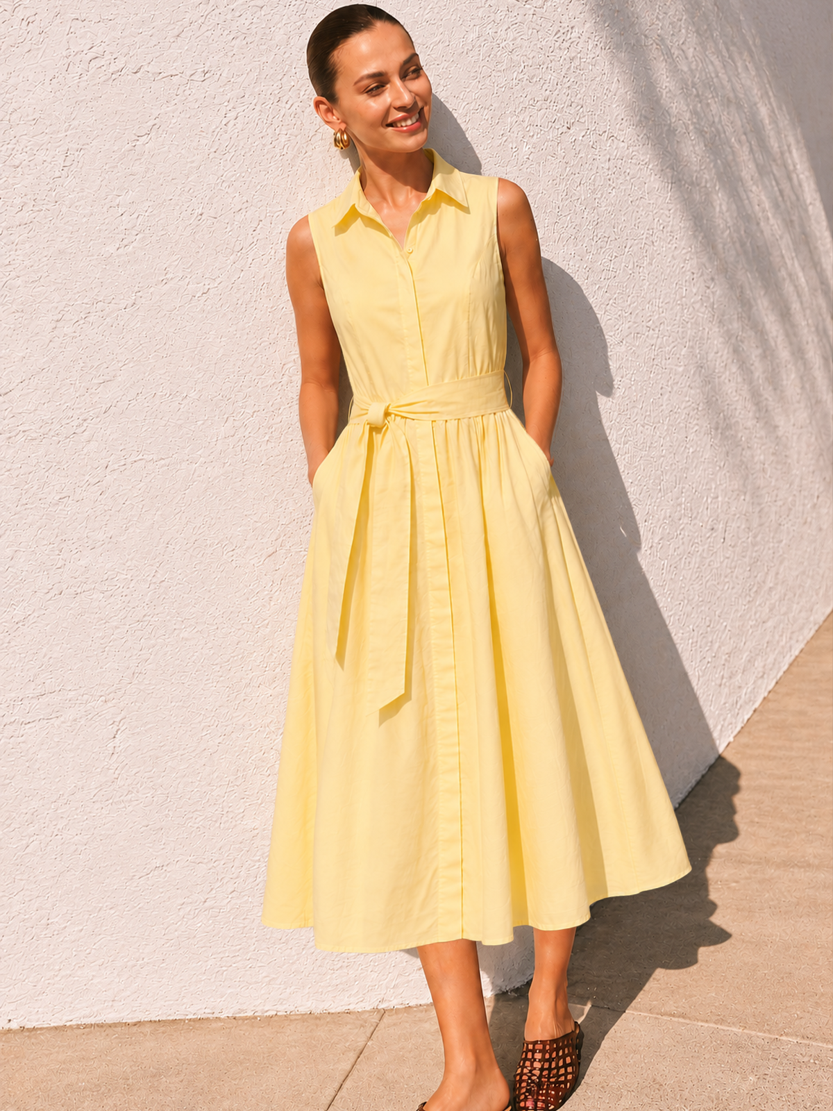 Sleeveless Belted Pocketed Midi Shirt Dress - Women's Casual Summer Fashion