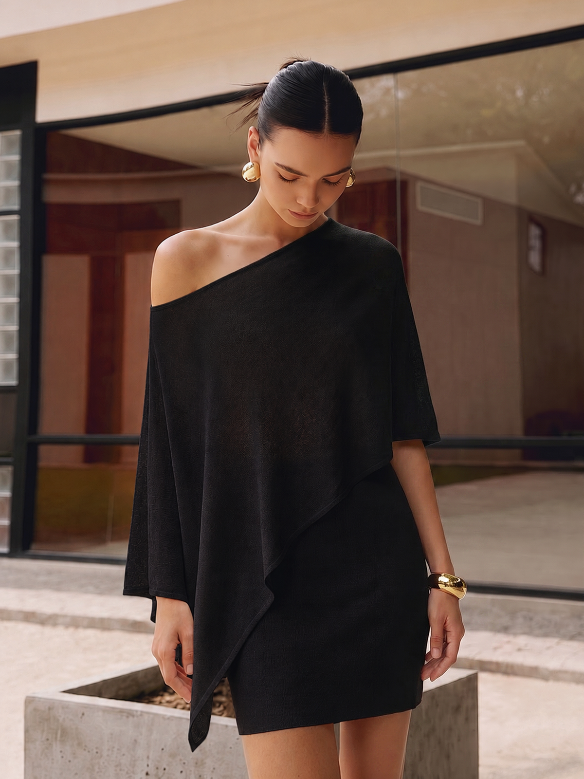 Asymmetric Knit Cape Top & Mini Skirt Set Stylish Women's Outfit